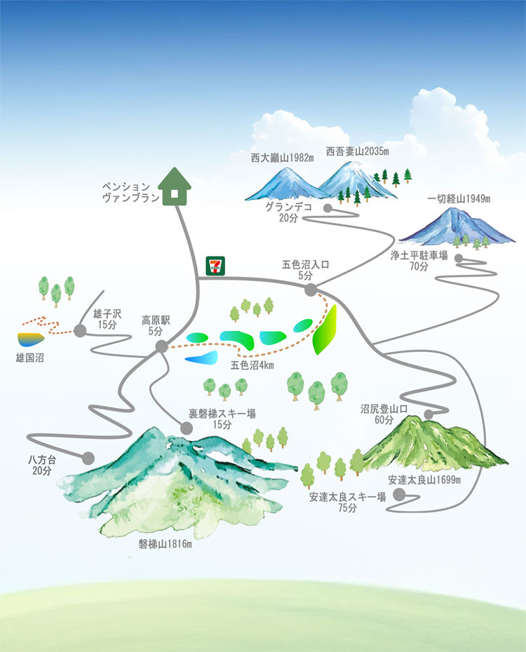 裏磐梯周辺の山マップ